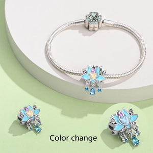 Luminous color-changing lotus flower bead bracelet with silver snake chain design