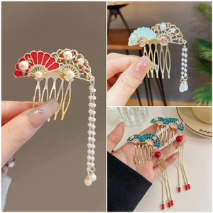 Detailed four-grid collage showing metal hair sticks with magnolia flowers and pearl tassels