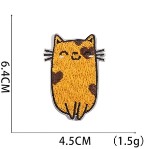 Detail view of cat patch embroidery with size dimensions 6.4x4.5cm and edge stitching