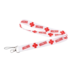 Detail of durable doctor lanyard with red medical cross symbols and metal clasp