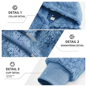 Men's light blue plush hooded sweatshirt with thick fleece fabric and drawstring details