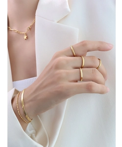 Minimalist polished gold titanium steel rings set worn by model in professional setting