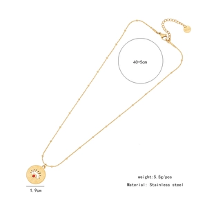 Detailed view of tarot eye pendant with red gem inlay and dimensions on stainless steel chain