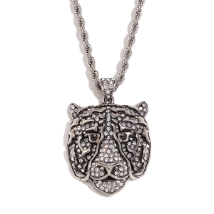 Iced out tiger head pendant necklace in silver tone with sparkling crystal stones