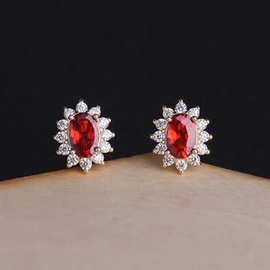 S925 silver 18K gold earrings with oval red garnet and cubic zirconia halo setting