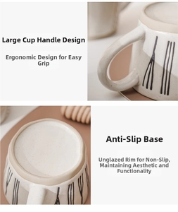 Close-up of ergonomic large handle and non-slip unglazed bottom of stoneware mug