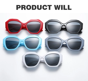 Flat lay of retro chunky square sunglasses in red black blue gray and white colors