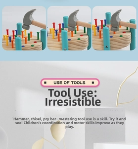 Detail of wooden tool set showing hammer and colorful pegs for hand-eye coordination