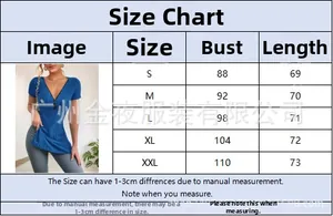 Größentabelle für Damen V-Ausschnitt T-Shirt mit Brustumfang und Länge von S bis XXL