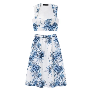 Women Blue Floral Print Sleeveless Square Neck Crop Top And High Waist A-Line Midi Skirt Elegant Streetwear Summer Outfit