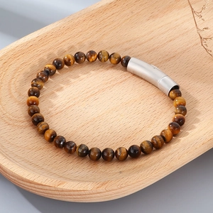 Tiger eye and turquoise beaded bracelet with magnetic stainless steel clasp for men