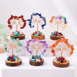Handmade Crystal Tree Of Life Money Tree Ornament Natural Gemstone Copper Wire Wrapped Wood Base Healing Wealth Desktop Decor