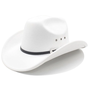 White vintage western cowboy hat with black decorative band and silver buckle