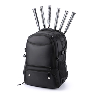 Top view of black sports backpack with specialized slots holding six badminton rackets