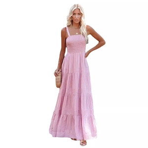 Summer pink striped tiered maxi dress with smocked bodice and adjustable straps