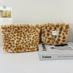 Plush leopard print makeup bag set with large capacity and soft faux fur texture