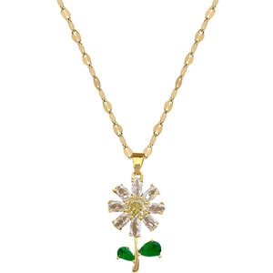 Elegant gold titanium steel necklace with green leaf and flower gemstone pendant