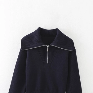 Women's casual navy blue half-zip ribbed knit sweater with a high collar and wide lapel
