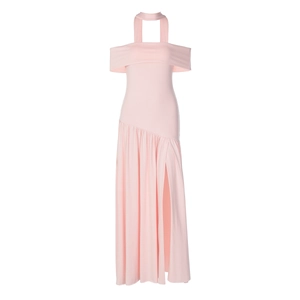 Detail of pink off-shoulder maxi dress with elegant side slit and flowing streamers