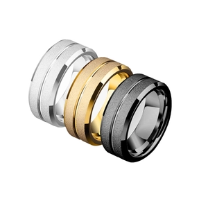 Matte men's titanium steel rings in silver, gold, and black with polished edges