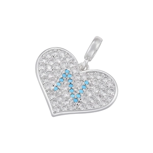 Detail of silver heart pendant with letter N in turquoise stones and pavé set crystals