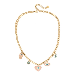 Gold Cuban chain necklace with pink Hamsa hand, evil eye heart and turquoise charms