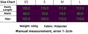 Size chart for women's vest and pleated pants set with waist and hip measurements
