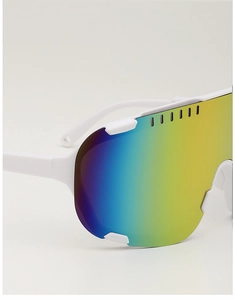 Detail view of white sports sunglasses with colorful mirrored lenses and side vents
