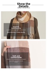 Detailed view of British style checkered scarf with soft fringe and thick knit texture
