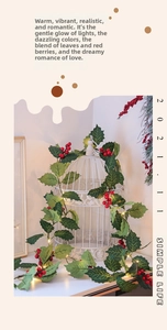 Detail of Christmas garland with red berries and LED lights wrapped on a white birdcage