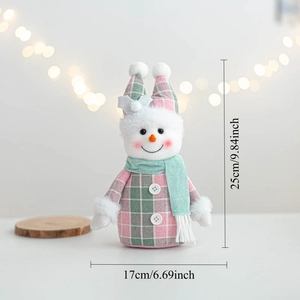 Detailed size view of pink and green plaid Christmas snowman plush, 25cm in height