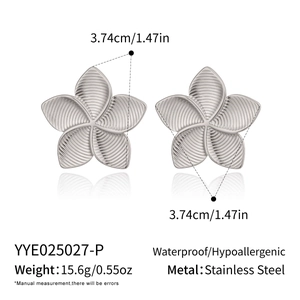 Silver retro textured floral earrings in stainless steel showing 3.74cm size and weight