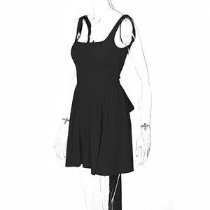 Detail view of black sleeveless mini dress with square neck and ruffled A-line hemline