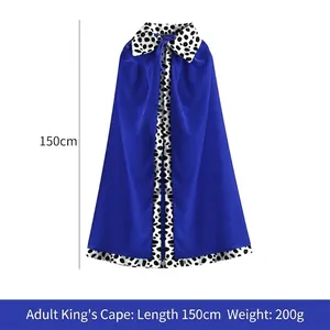Blue royal king cape for adults with spotted trim and 150cm length dimension details