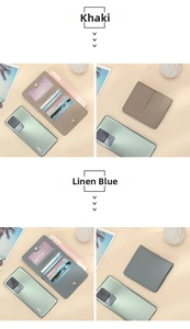 Internal layout of slim leather RFID wallet showing card slots and khaki/blue options