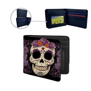Men Bifold Wallet PU Leather Credit Card Slots ID Window Horror Skull Skeleton Print Gothic Street Style Student Gift