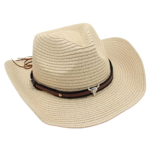 Detail of cowboy straw hat with brown leather band and silver bull head ornament