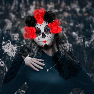 Ghost bride Day of the Dead mask with red roses and black lace veil for Halloween party