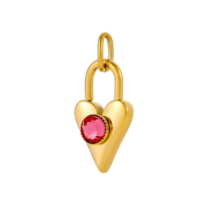 Detailed view of heart-shaped gold pendant with central red round-cut gemstone inlay
