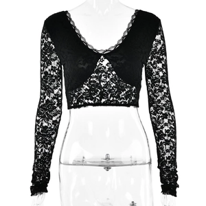 Sexy schwarzes Spitzen-Crop-Top für Damen mit V-Ausschnitt und langen Ärmeln