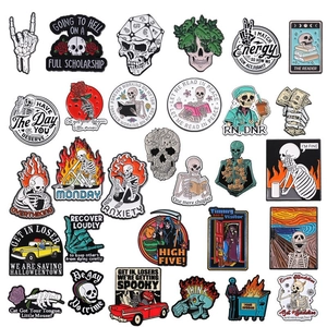 Skeleton Skull Enamel Pins Alloy Brooches Gothic Dark Humor Reading Cat Halloween Badges For Clothes Backpack Decor
