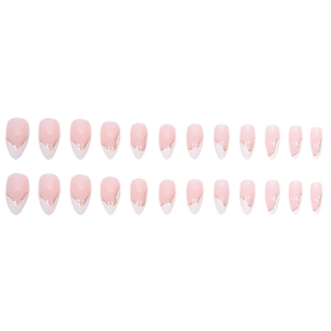 Unghie finte French rosa e bianche con onde glitterate dorate e forma a mandorla