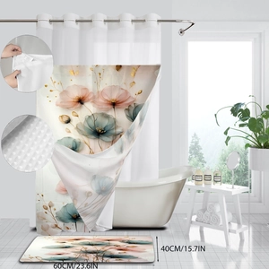 Close-up of waterproof floral shower curtain fabric and non-slip bathroom mat 60x40cm