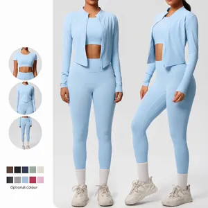 Women Yoga Gym Workout Outfit Zipper Long Sleeve Jacket Sport Bra And High Waist Leggings Breathable High Stretch Solid Color
