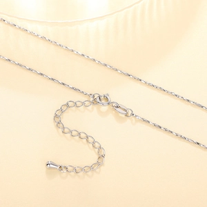 Detail of silver twisted chain necklace featuring spring clasp and teardrop extension