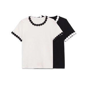 Women Knit T-Shirt Floral Lace Trim Crew Neck Short Sleeve Contrast Color Slim Fit Elegant Top