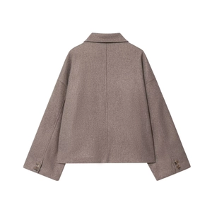 Minimalist taupe wool short jacket featuring back seam detail and dropped shoulders