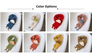 Detailed grid view showcasing eight colorful knitted toddler scarves with cute cloud patches