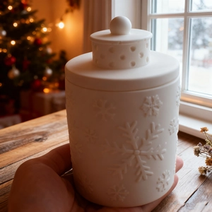 Détails des flocons en relief sur un pot à bougie en céramique blanche avec couvercle