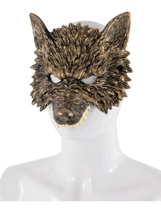 Detail of bronze wolf mask with 3D fur texture and sharp fangs for Halloween cosplay